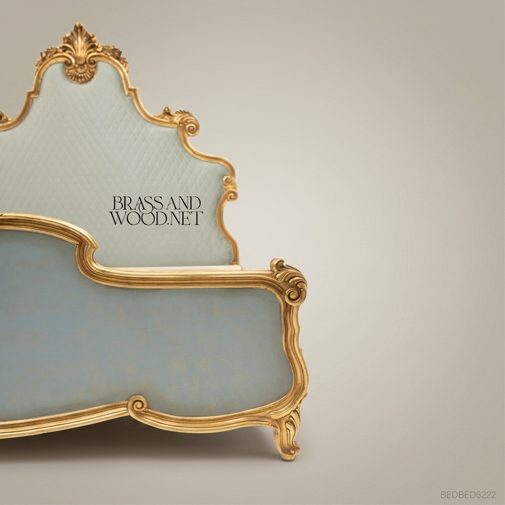 Louis XV Rococo Super King Bed - Gilded Shell Crest & Duck-Egg Blue Upholstery