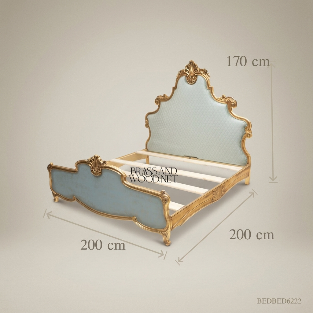 Louis XV Rococo Super King Bed - Gilded Shell Crest & Duck-Egg Blue Upholstery