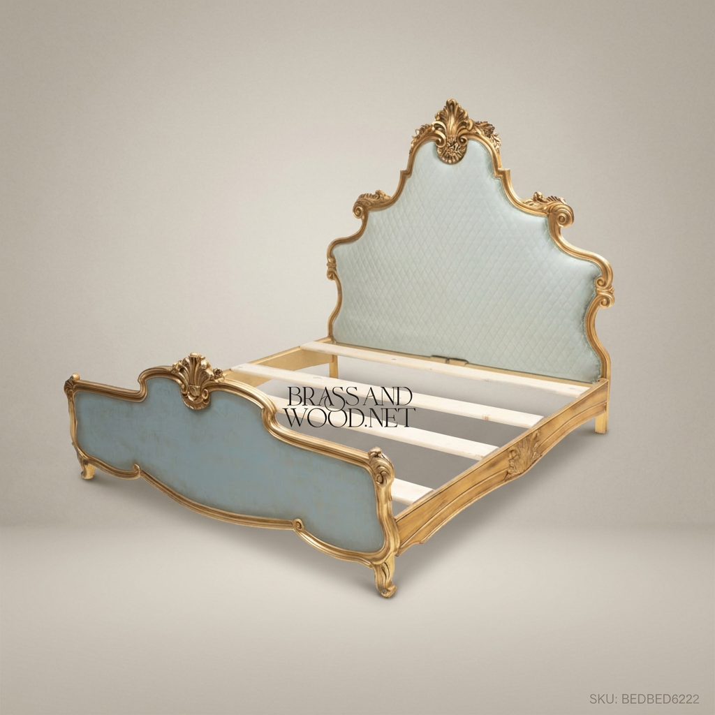 Louis XV Rococo Super King Bed - Gilded Shell Crest & Duck-Egg Blue Upholstery