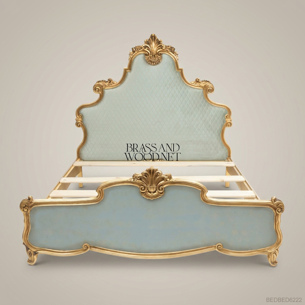 Louis XV Rococo Super King Bed - Gilded Shell Crest & Duck-Egg Blue Upholstery
