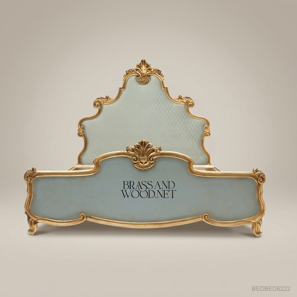 Louis XV Rococo Super King Bed - Gilded Shell Crest & Duck-Egg Blue Upholstery