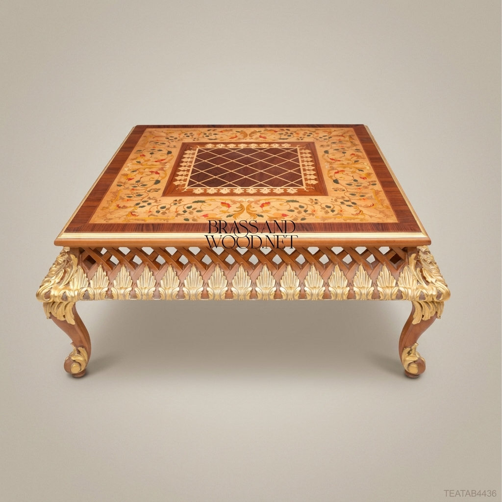 Louis XV Rococo Tea Table – Marquetry Top & Gold Leaf Carved Apron