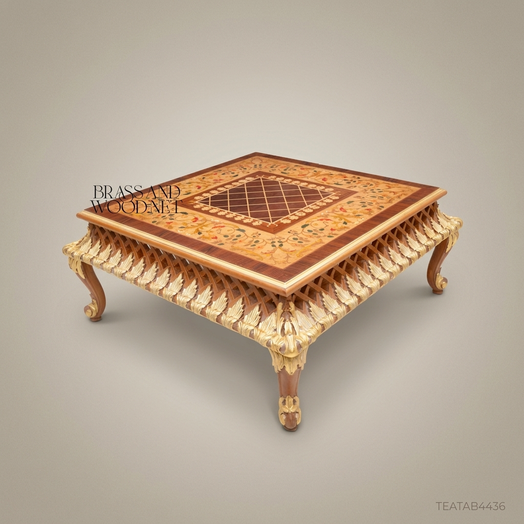 Louis XV Rococo Tea Table – Marquetry Top & Gold Leaf Carved Apron