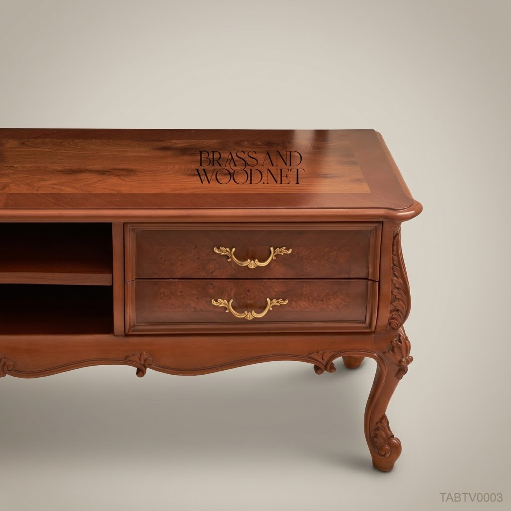 Louis XV Rococo TV Console with Burl Veneer Drawers & Carved Cabriole Legs