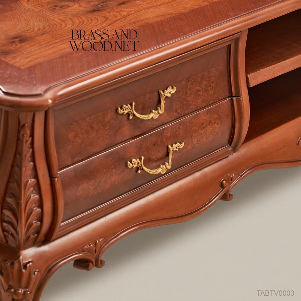 Louis XV Rococo TV Console with Burl Veneer Drawers & Carved Cabriole Legs