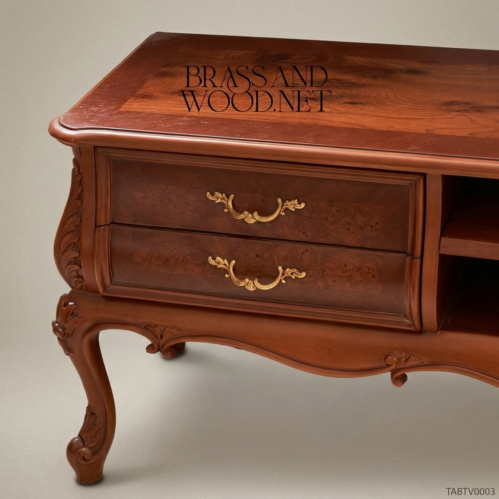 Louis XV Rococo TV Console with Burl Veneer Drawers & Carved Cabriole Legs