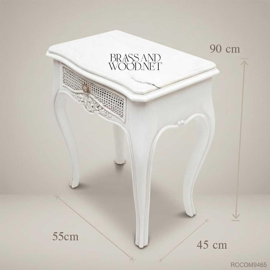 Louis XV Rococo White Lacquered Nightstand with Cane Drawer & Marble Top