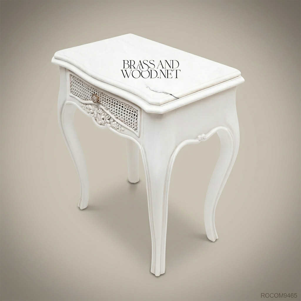 Louis XV Rococo White Lacquered Nightstand with Cane Drawer & Marble Top