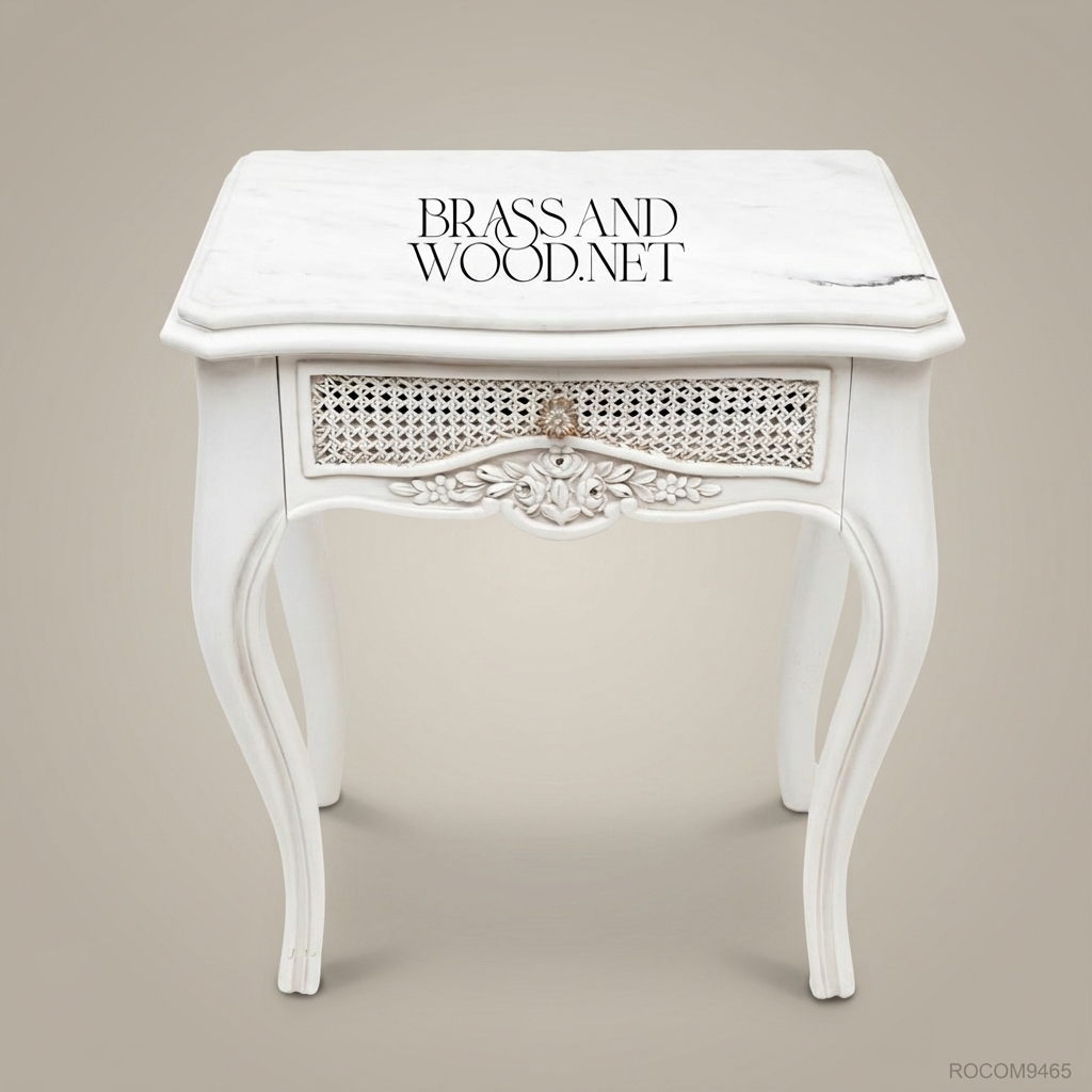 Louis XV Rococo White Lacquered Nightstand with Cane Drawer & Marble Top