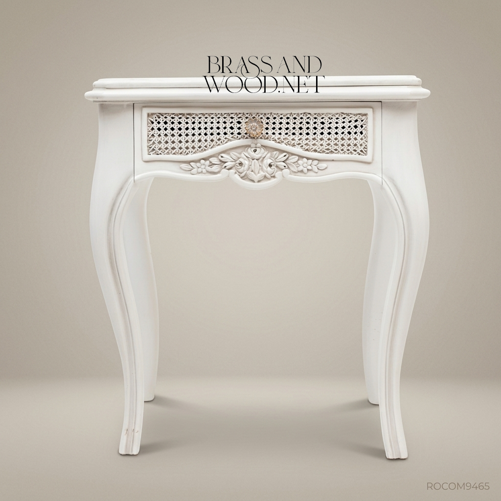 Louis XV Rococo White Lacquered Nightstand with Cane Drawer & Marble Top