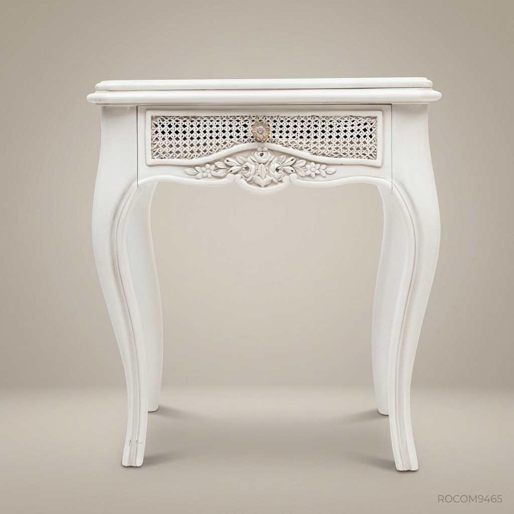 Louis XV Rococo White Lacquered Nightstand with Cane Drawer & Marble Top