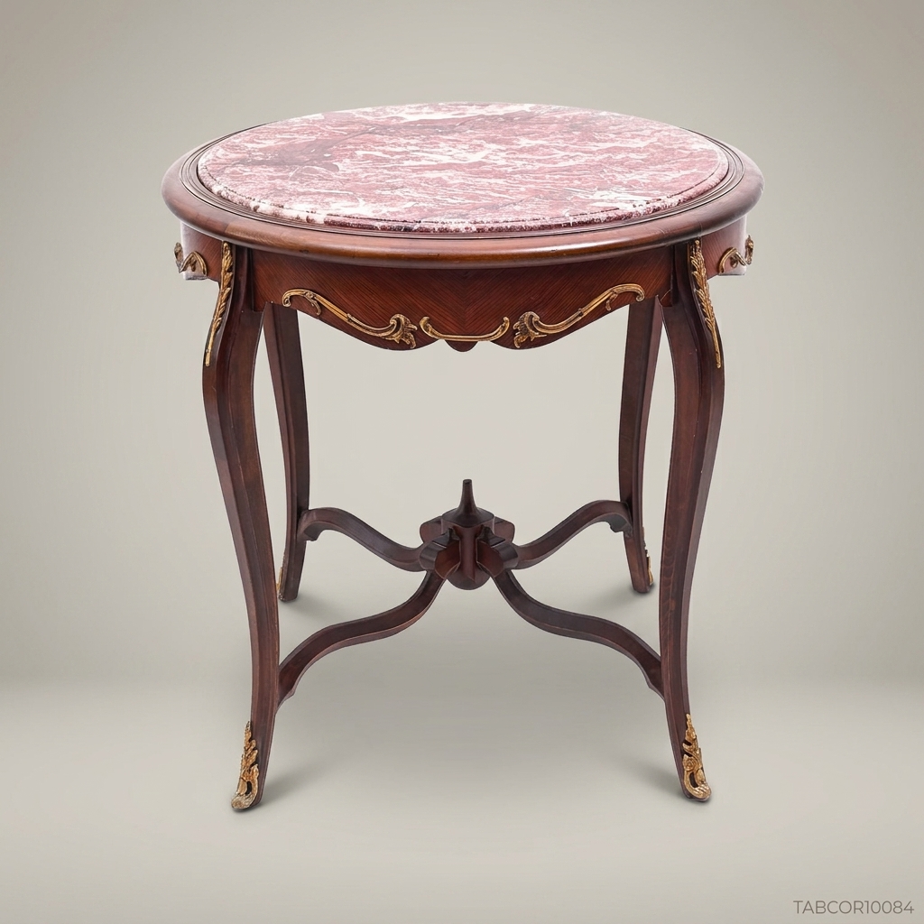 Louis XV Round Corner Table with Rouge Marble Top & Gilt Brass Mounts