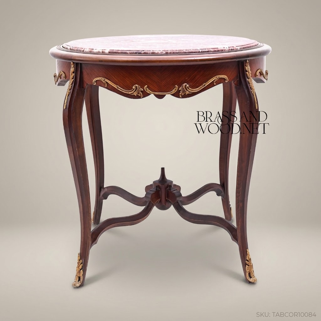 Louis XV Round Corner Table with Rouge Marble Top & Gilt Brass Mounts