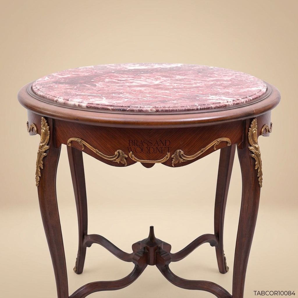 Louis XV Round Corner Table with Rouge Marble Top & Gilt Brass Mounts