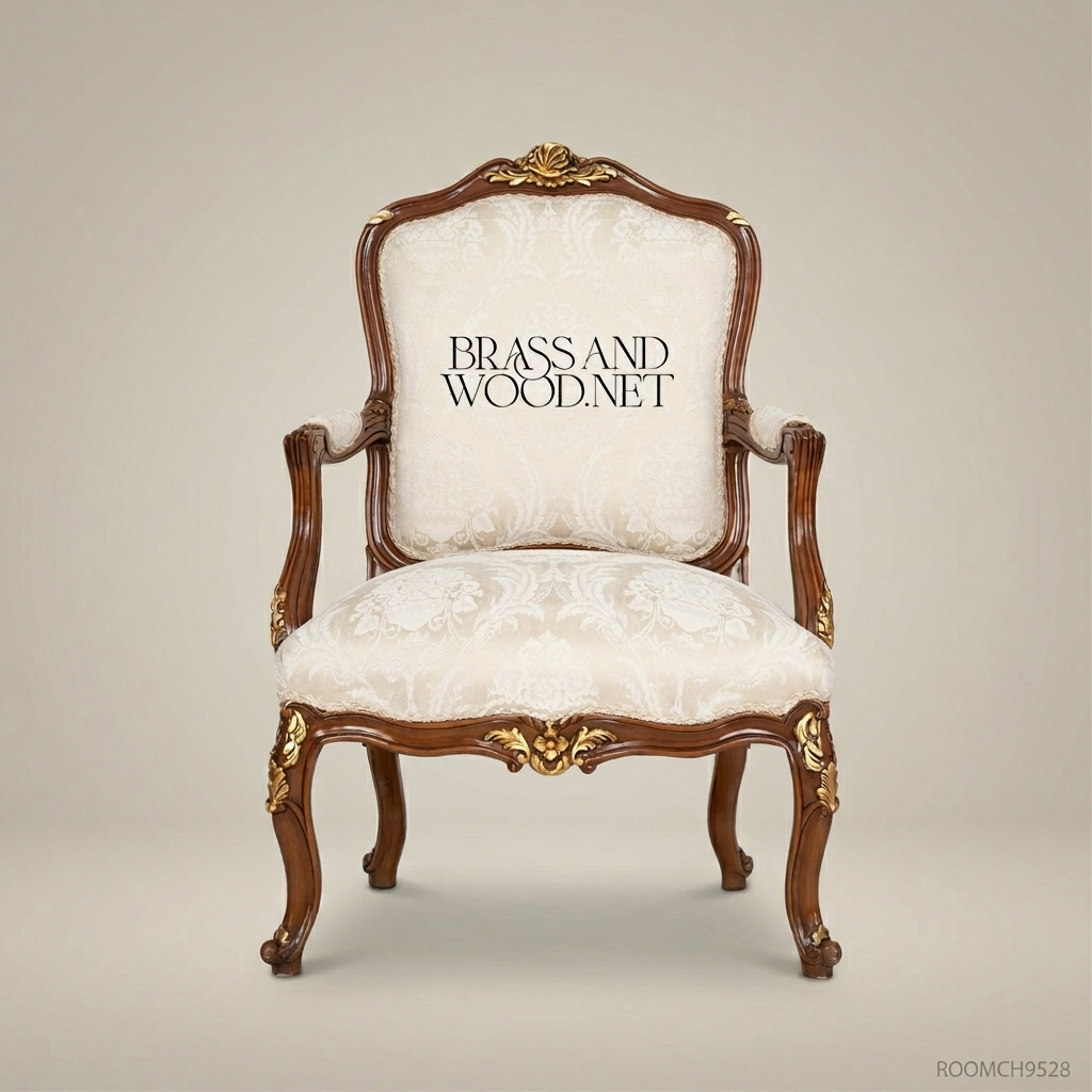 Louis XV walnut-finish fauteuil armchair with gilded carved shell crest, acanthus cabriole legs and cream damask upholstery Main View | Brass & Wood