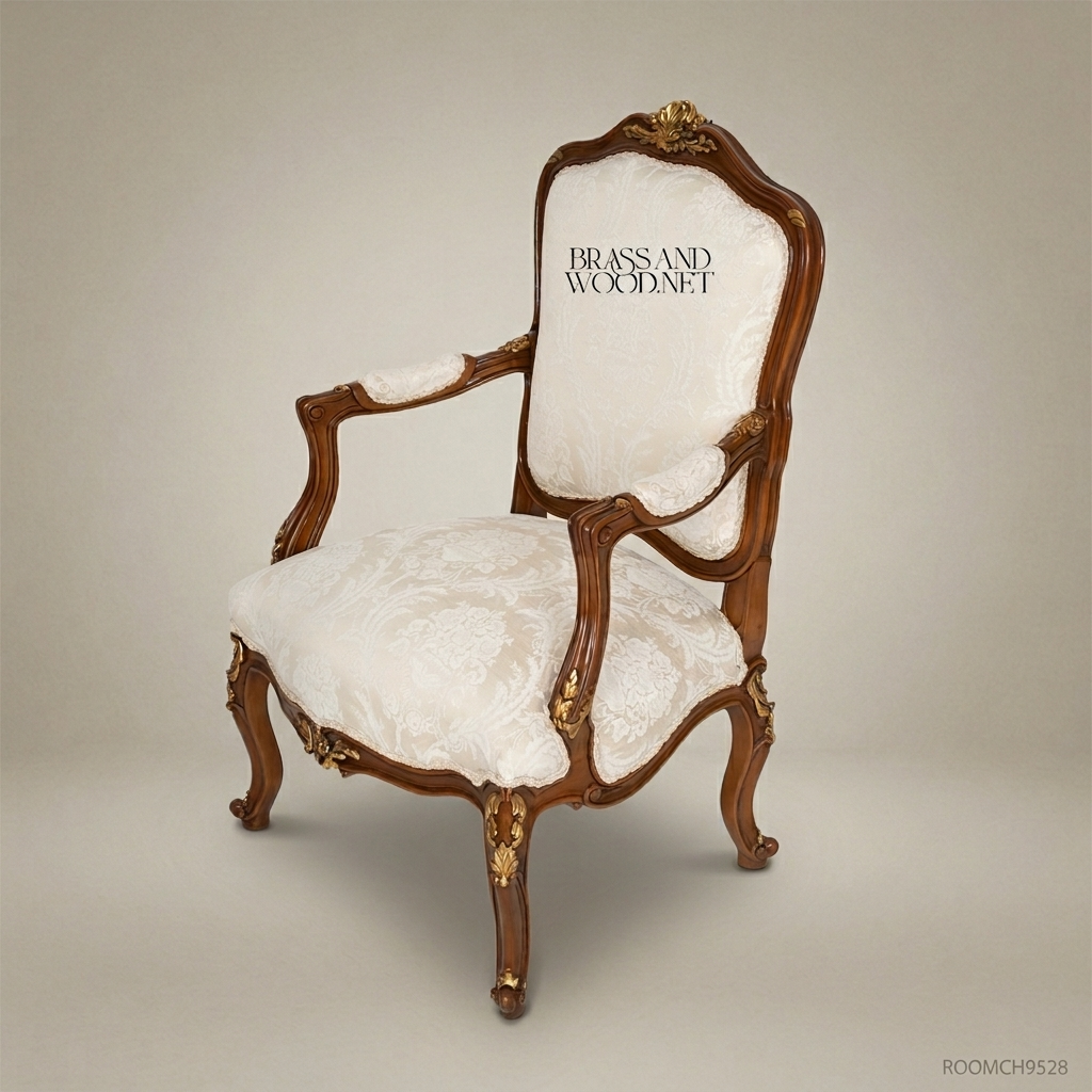 Louis XV walnut-finish fauteuil armchair with gilded carved shell crest, acanthus cabriole legs and cream damask upholstery View 3 | Brass & Wood