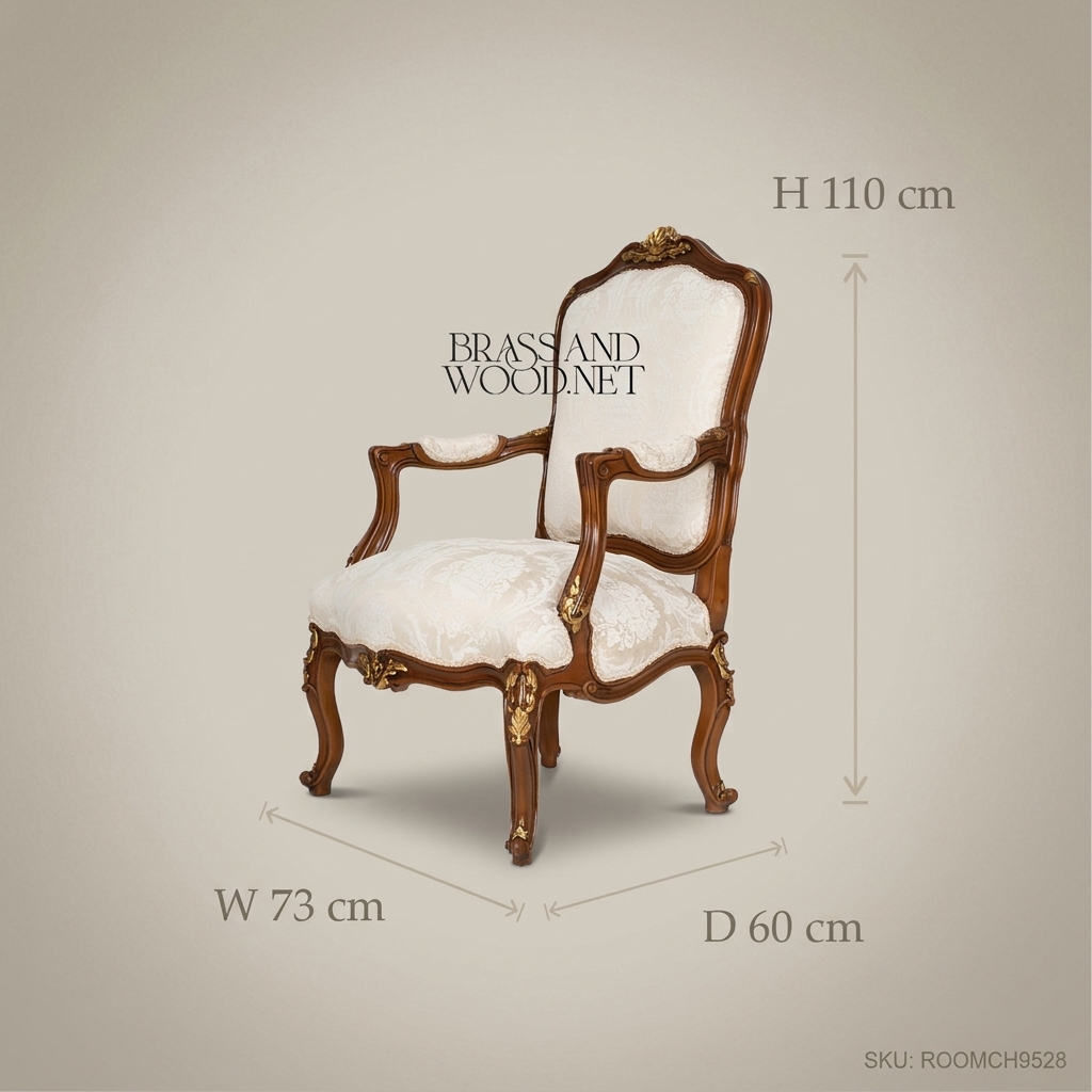 Louis XV walnut-finish fauteuil armchair with gilded carved shell crest, acanthus cabriole legs and cream damask upholstery View 4 | Brass & Wood