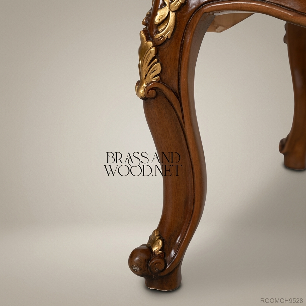 Louis XV walnut-finish fauteuil armchair with gilded carved shell crest, acanthus cabriole legs and cream damask upholstery View 5 | Brass & Wood