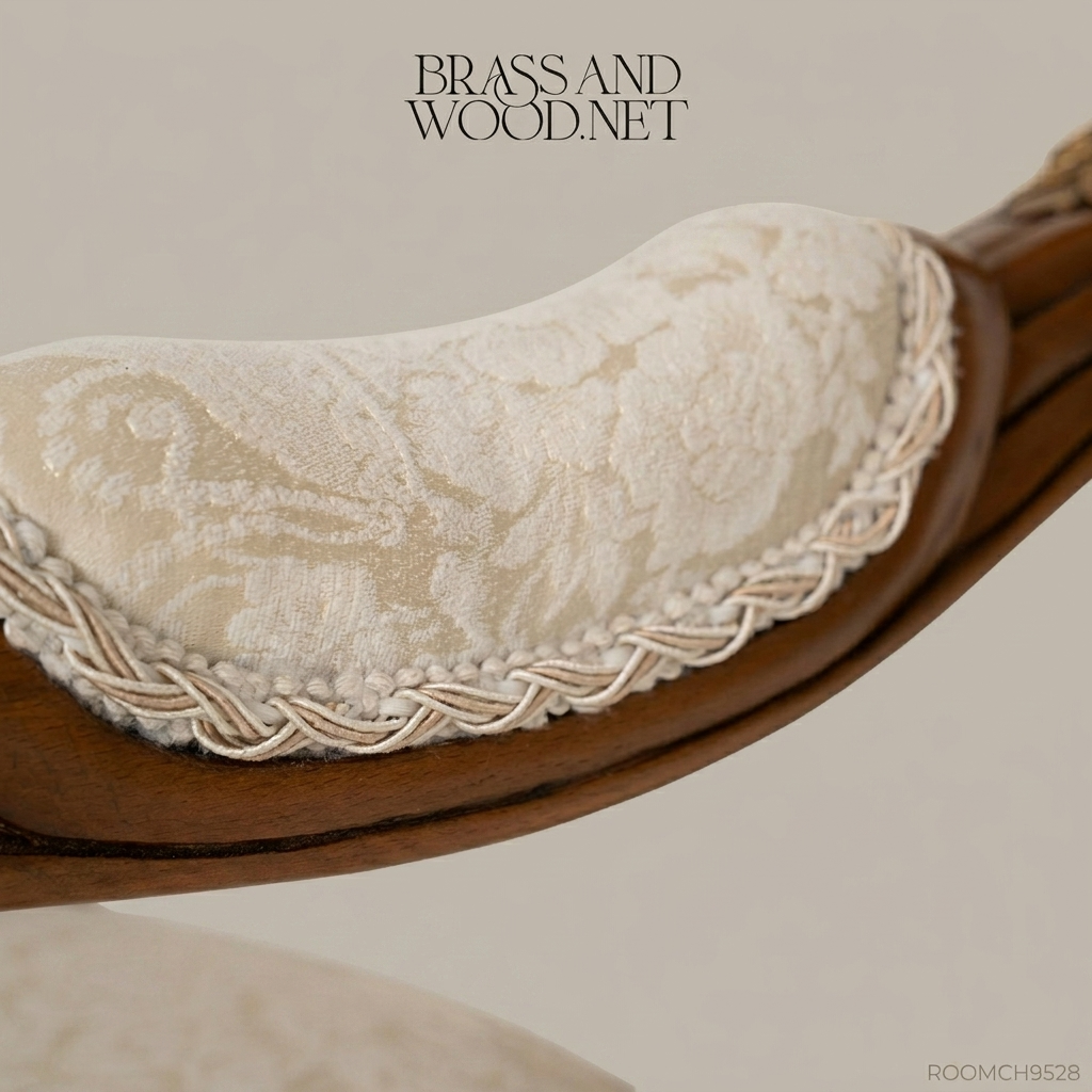 Louis XV walnut-finish fauteuil armchair with gilded carved shell crest, acanthus cabriole legs and cream damask upholstery View 6 | Brass & Wood
