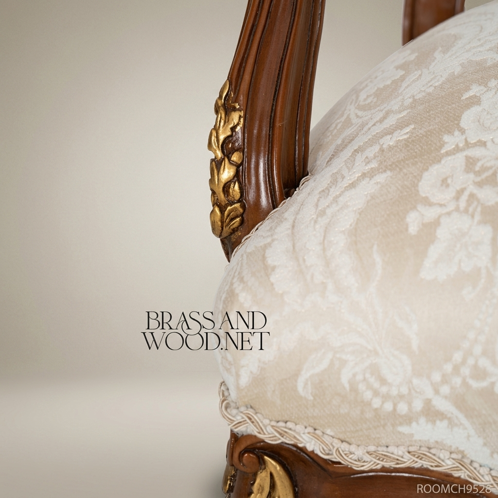 Louis XV walnut-finish fauteuil armchair with gilded carved shell crest, acanthus cabriole legs and cream damask upholstery View 7 | Brass & Wood