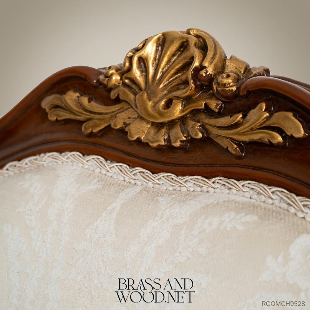 Louis XV walnut-finish fauteuil armchair with gilded carved shell crest, acanthus cabriole legs and cream damask upholstery View 8 | Brass & Wood
