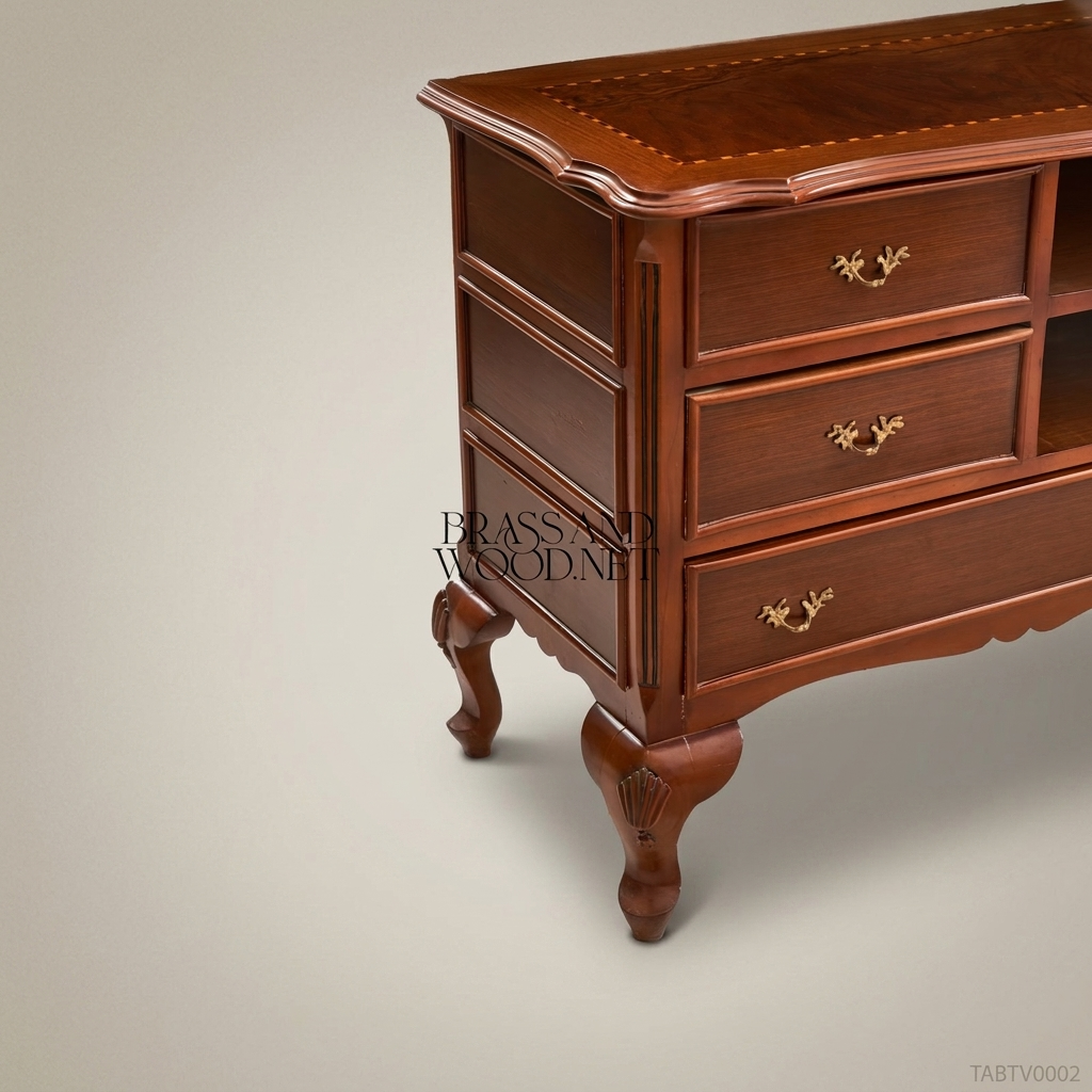 Louis XV Walnut TV Cabinet | Brass Hardware & Marquetry Top