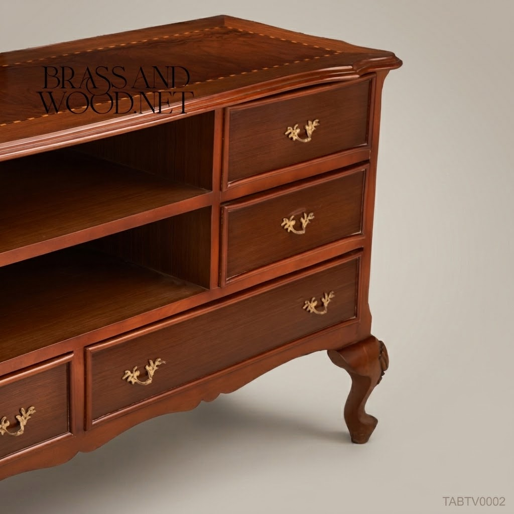 Louis XV Walnut TV Cabinet | Brass Hardware & Marquetry Top