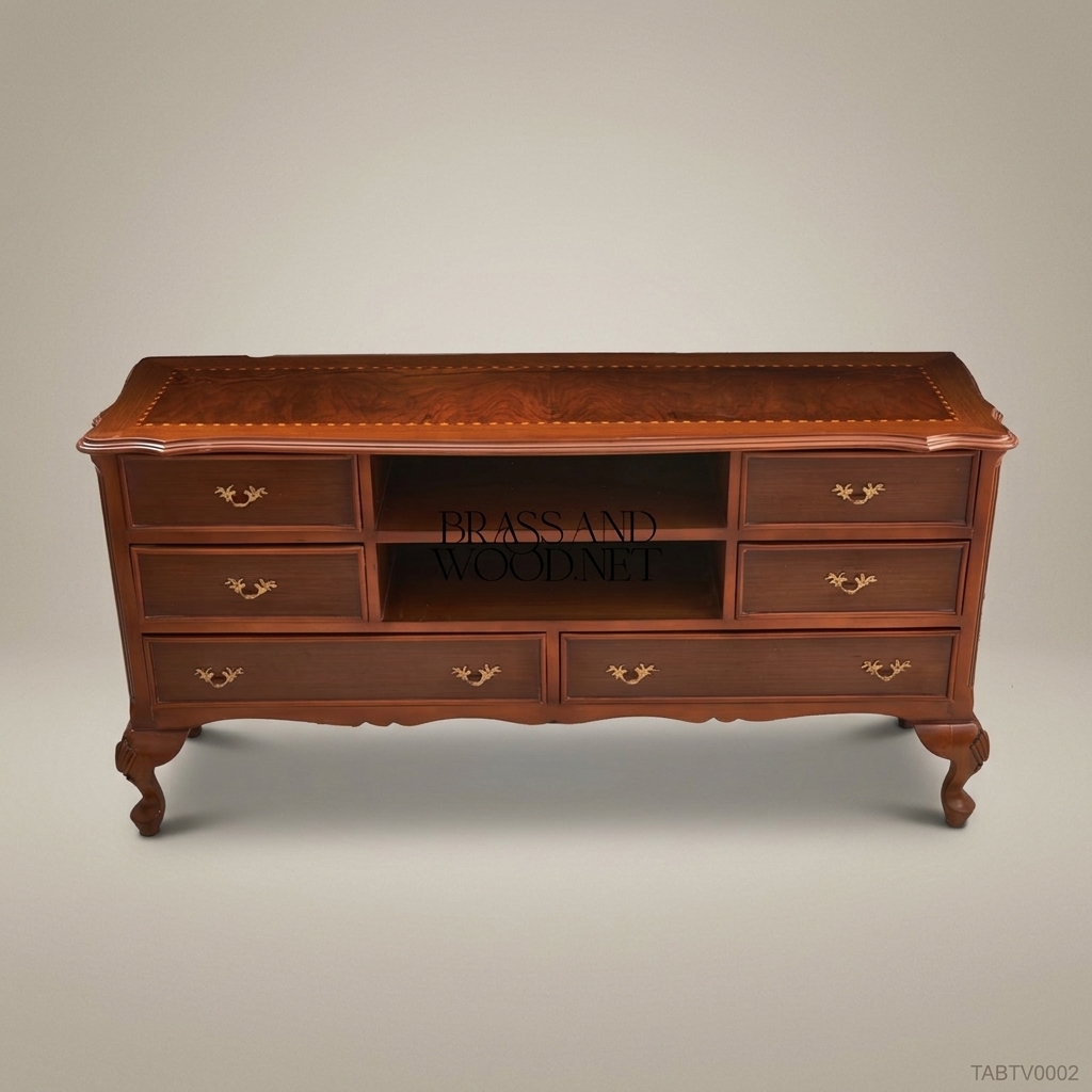 Louis XV Walnut TV Cabinet | Brass Hardware & Marquetry Top