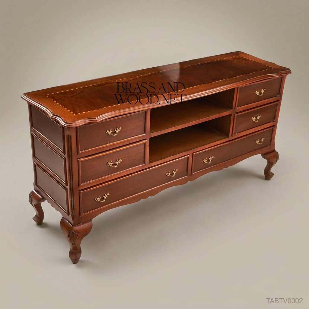 Louis XV Walnut TV Cabinet | Brass Hardware & Marquetry Top