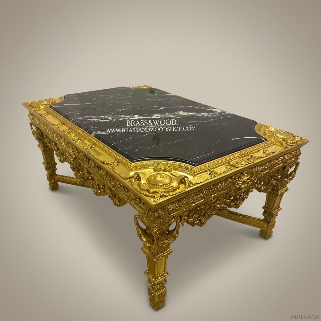 Louis XVI Baroque Centre Table – Gold Leaf Carved Wood & Black Marble Top