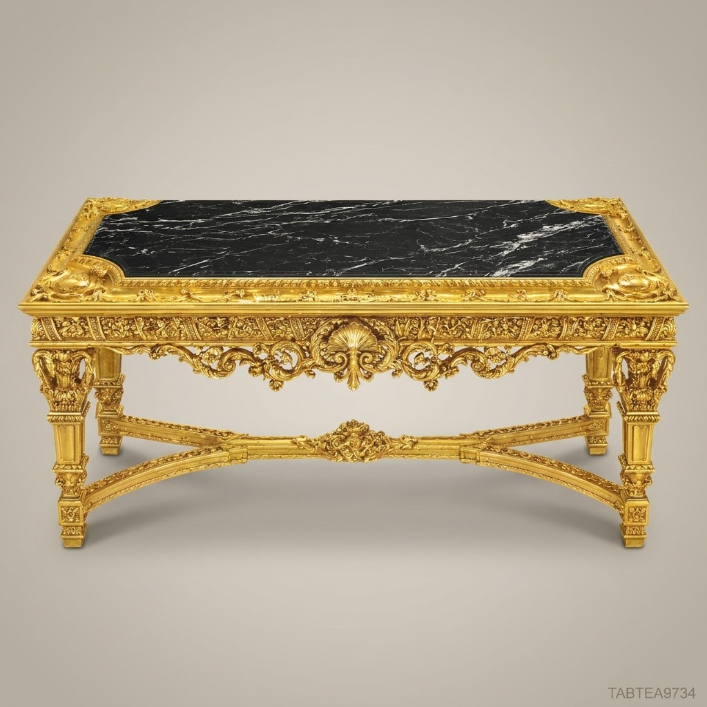 Louis XVI Baroque Centre Table – Gold Leaf Carved Wood & Black Marble Top