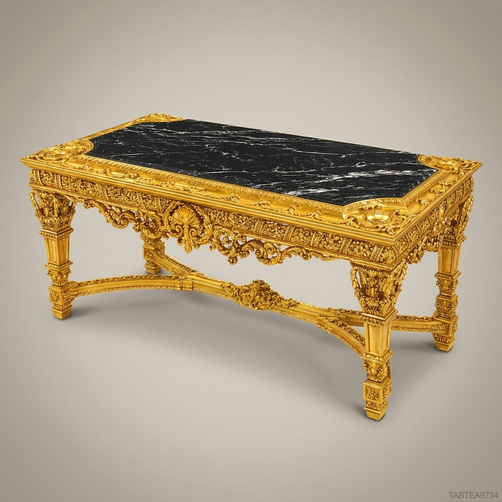 Louis XVI Baroque Centre Table – Gold Leaf Carved Wood & Black Marble Top