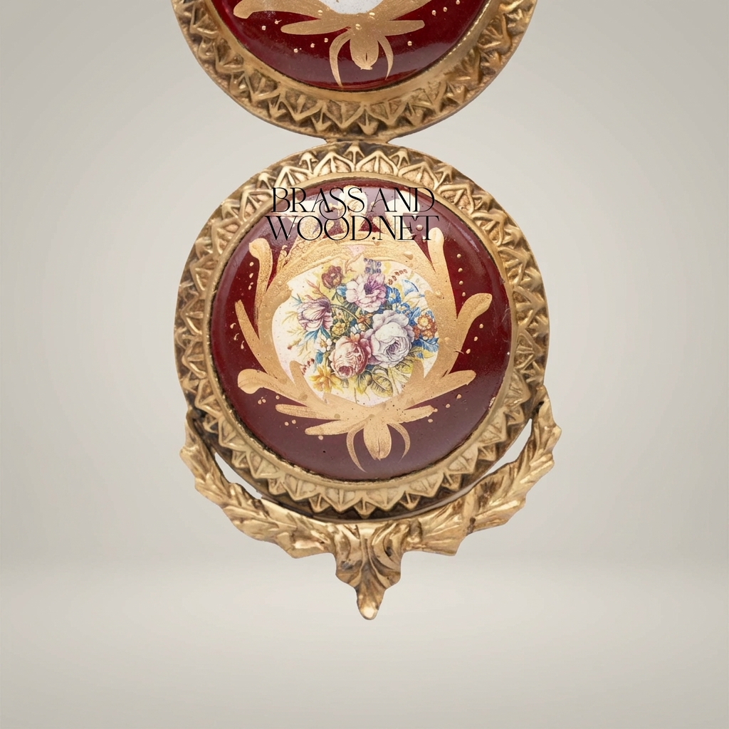 Louis XVI Brass & Porcelain Double-Medallion Wall Frame - Bow Crest & Floral Hand-Painted Panels — Antique Gold