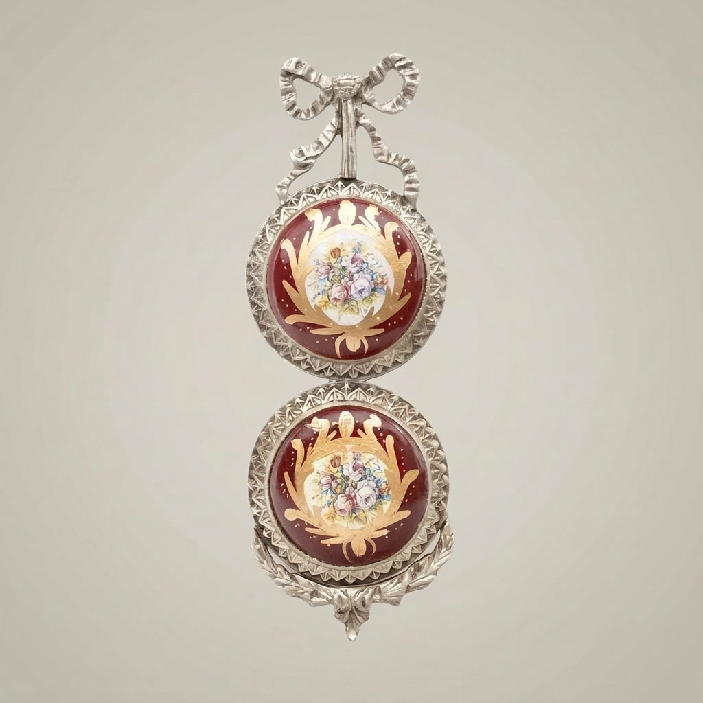 Louis XVI Brass & Porcelain Double-Medallion Wall Frame - Bow Crest & Floral Hand-Painted Panels — Silver