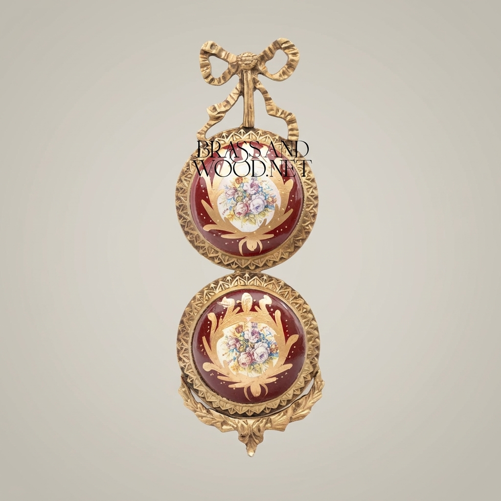 Louis XVI Brass & Porcelain Double-Medallion Wall Frame - Bow Crest & Floral Hand-Painted Panels — Antique Gold