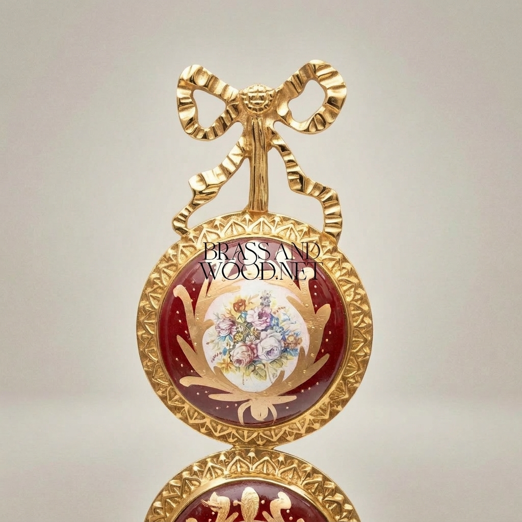 Louis XVI Brass & Porcelain Double-Medallion Wall Frame - Bow Crest & Floral Hand-Painted Panels