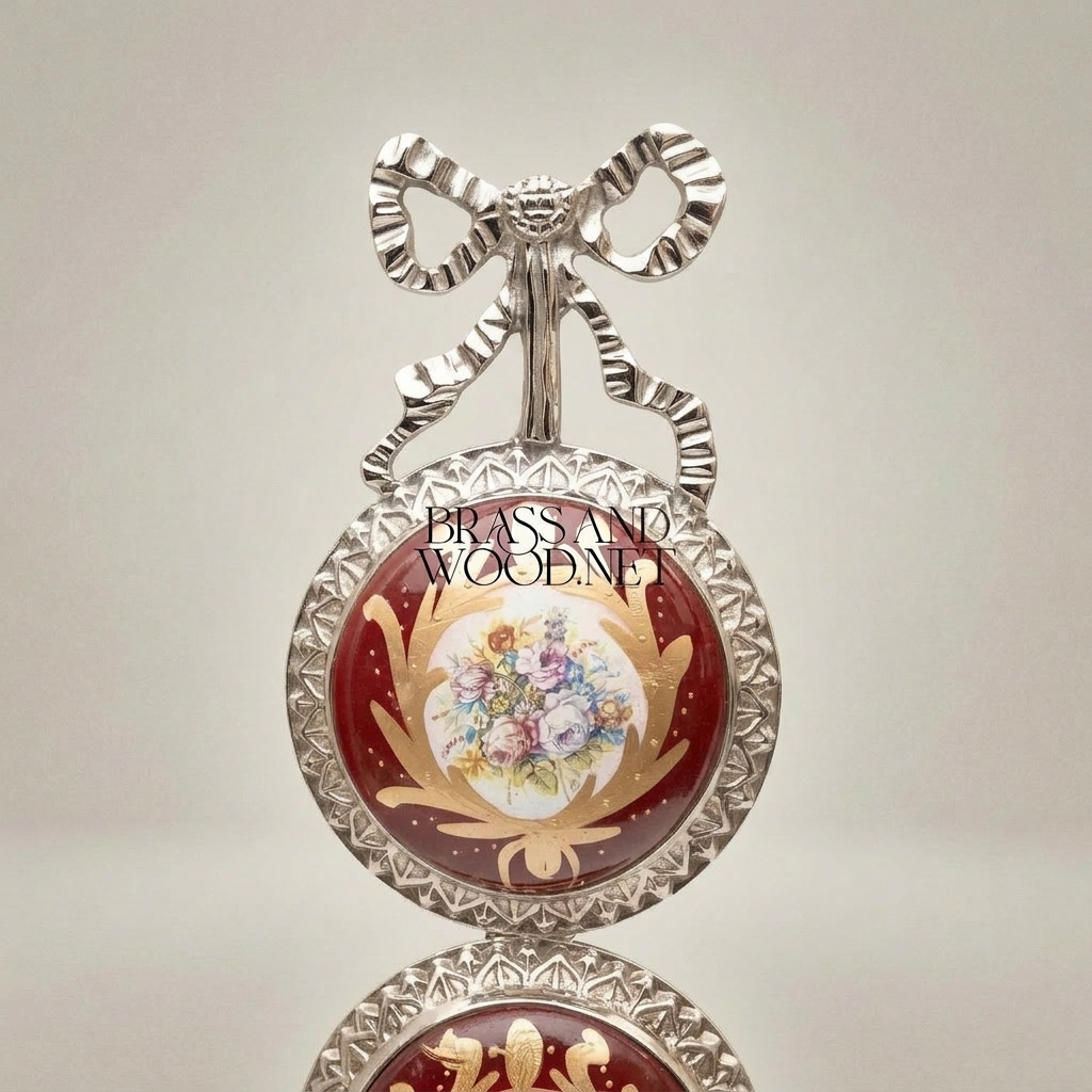 Louis XVI Brass & Porcelain Double-Medallion Wall Frame - Bow Crest & Floral Hand-Painted Panels — Silver