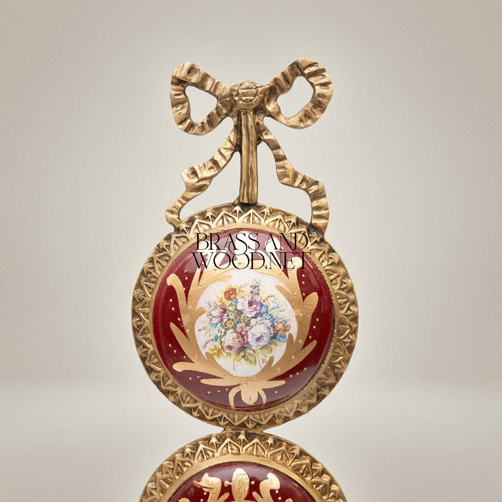 Louis XVI Brass & Porcelain Double-Medallion Wall Frame - Bow Crest & Floral Hand-Painted Panels — Antique Gold