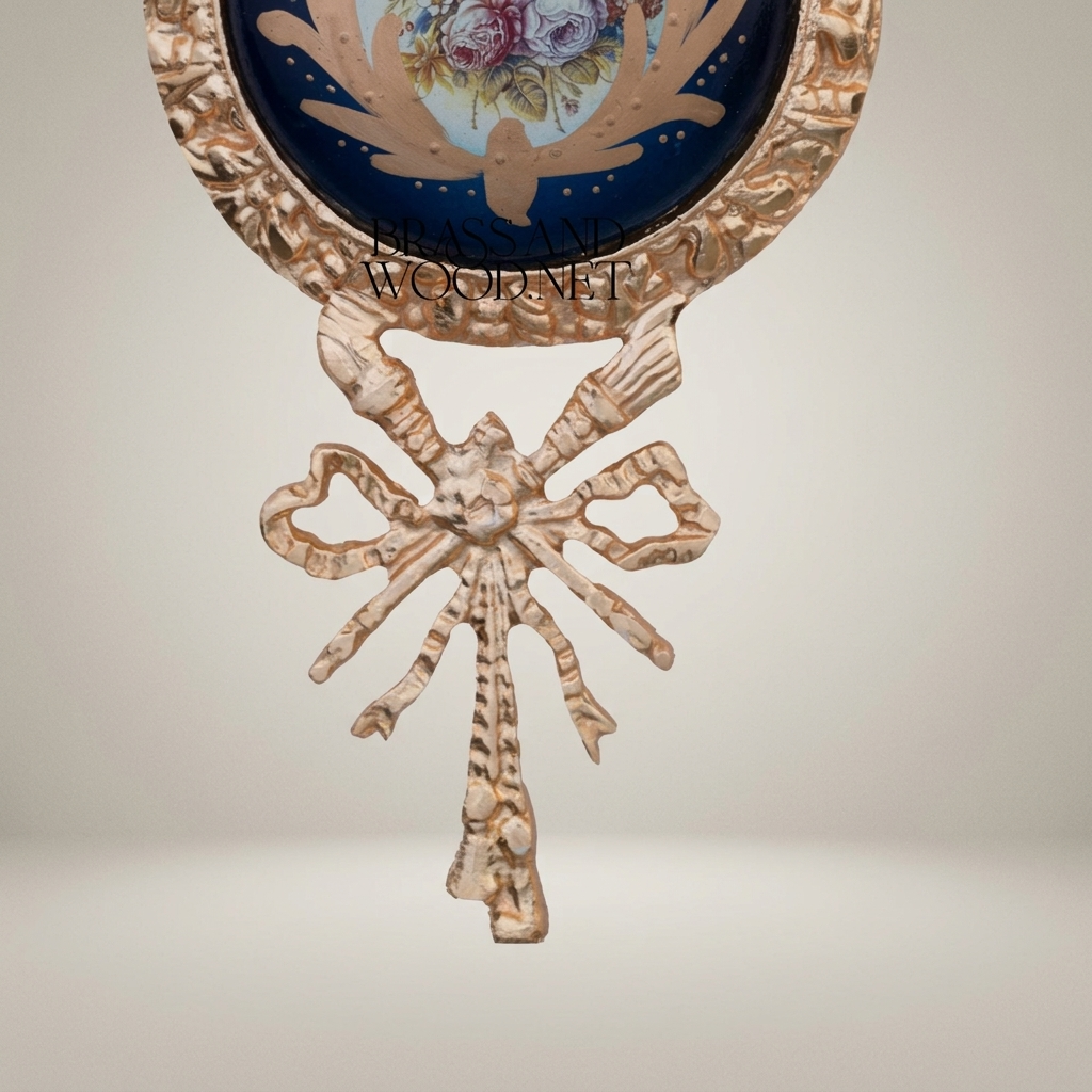 Louis XVI Brass & Porcelain Wall Medallion with Bow & Rocaille Frame