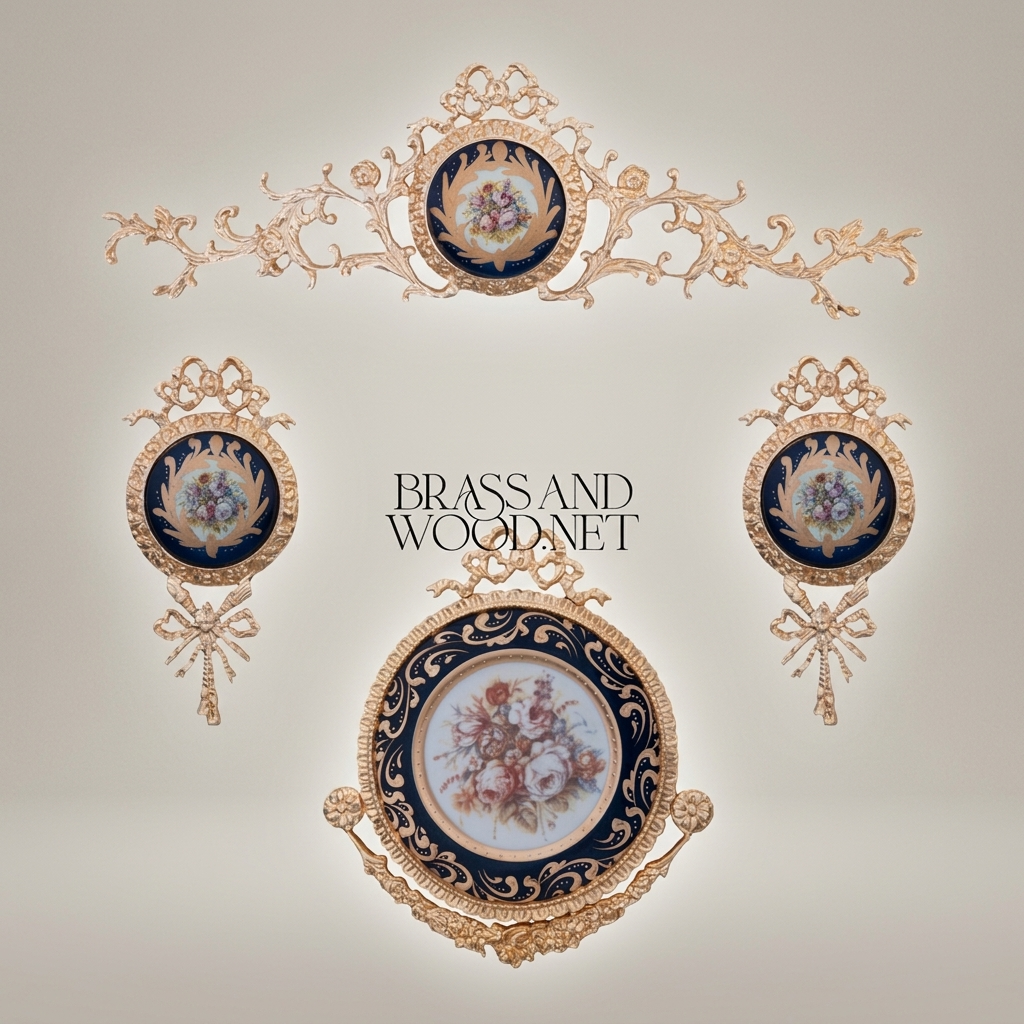 Louis XVI Brass & Porcelain Wall Medallion with Bow & Rocaille Frame — Gold