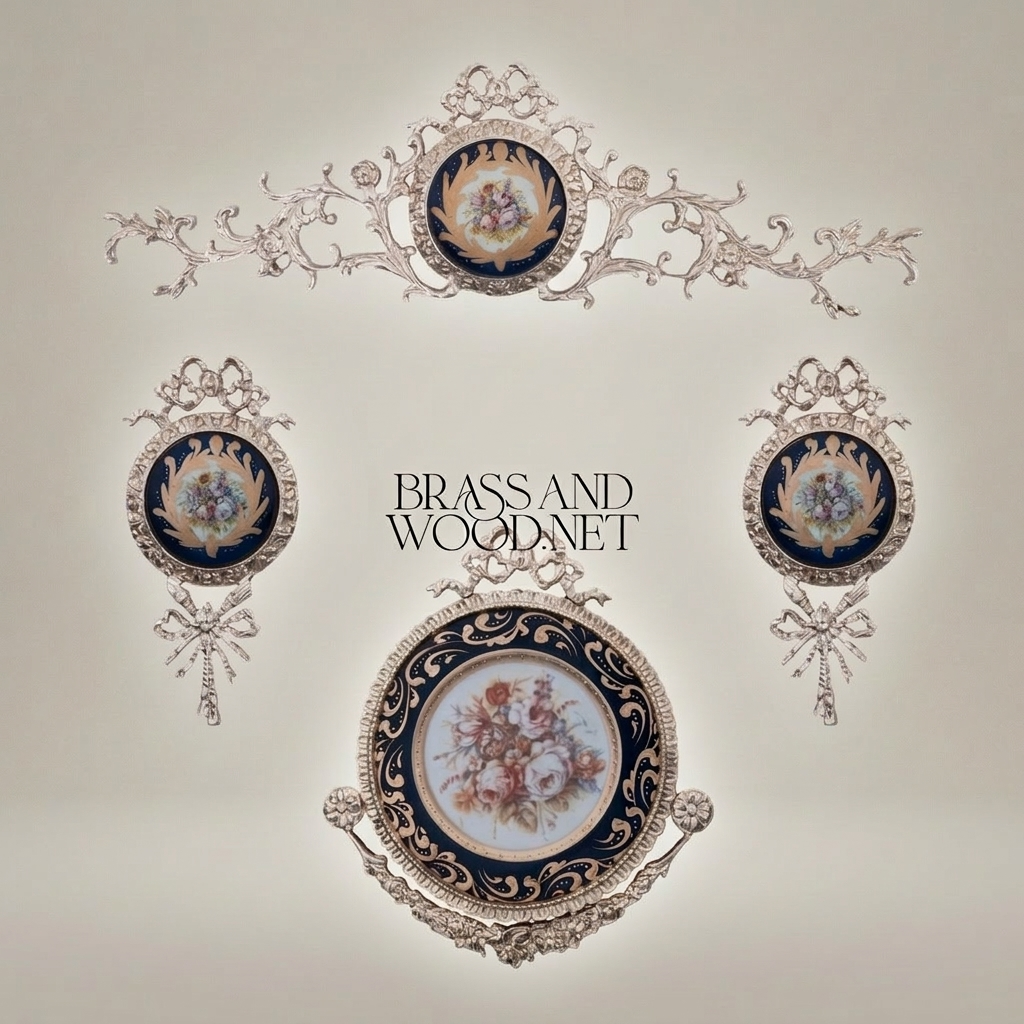 Louis XVI Brass & Porcelain Wall Medallion with Bow & Rocaille Frame — Silver