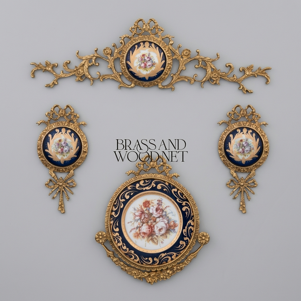 Louis XVI Brass & Porcelain Wall Medallion with Bow & Rocaille Frame — Antique Gold