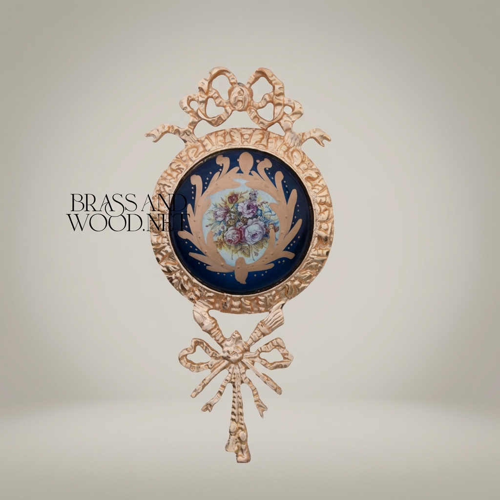 Louis XVI Brass & Porcelain Wall Medallion with Bow & Rocaille Frame