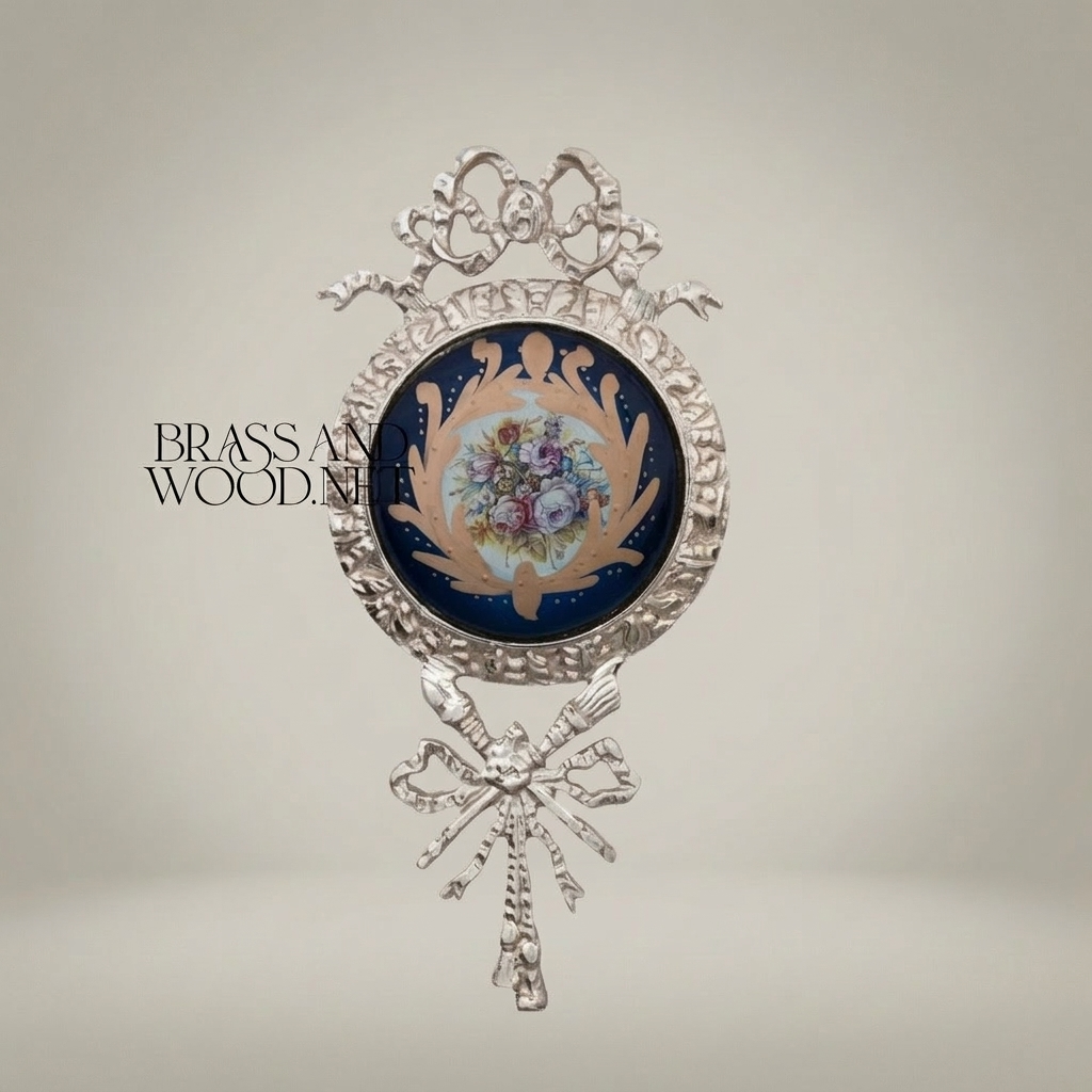 Louis XVI Brass & Porcelain Wall Medallion with Bow & Rocaille Frame — Silver