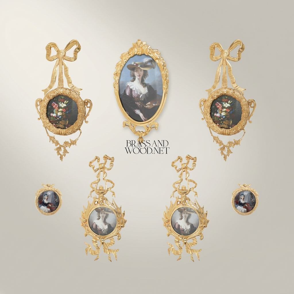 Louis XVI Brass Wall Frame with Bow Ribbon & Floral Swag Ornament — Gold