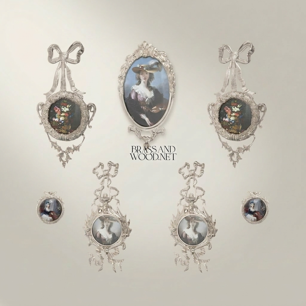 Louis XVI Brass Wall Frame with Bow Ribbon & Floral Swag Ornament — Silver