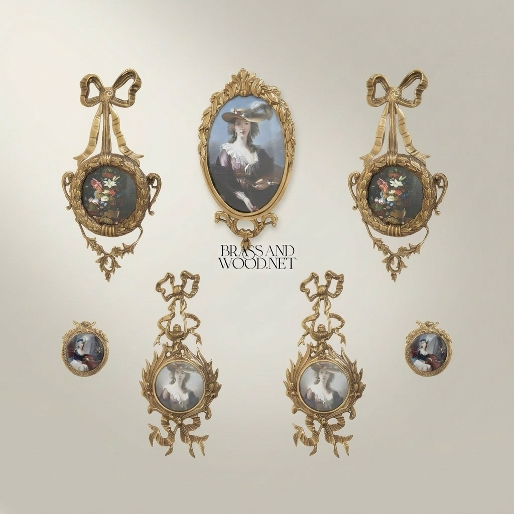 Louis XVI Brass Wall Frame with Bow Ribbon & Floral Swag Ornament — Antique Gold