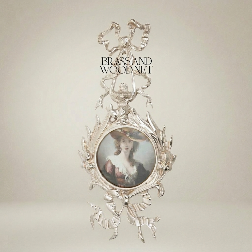 Louis XVI Brass Wall Frame with Bow Ribbon & Floral Swag Ornament — Silver