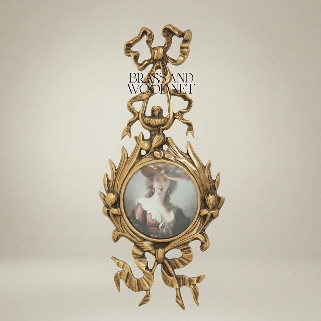 Louis XVI Brass Wall Frame with Bow Ribbon & Floral Swag Ornament — Antique Gold