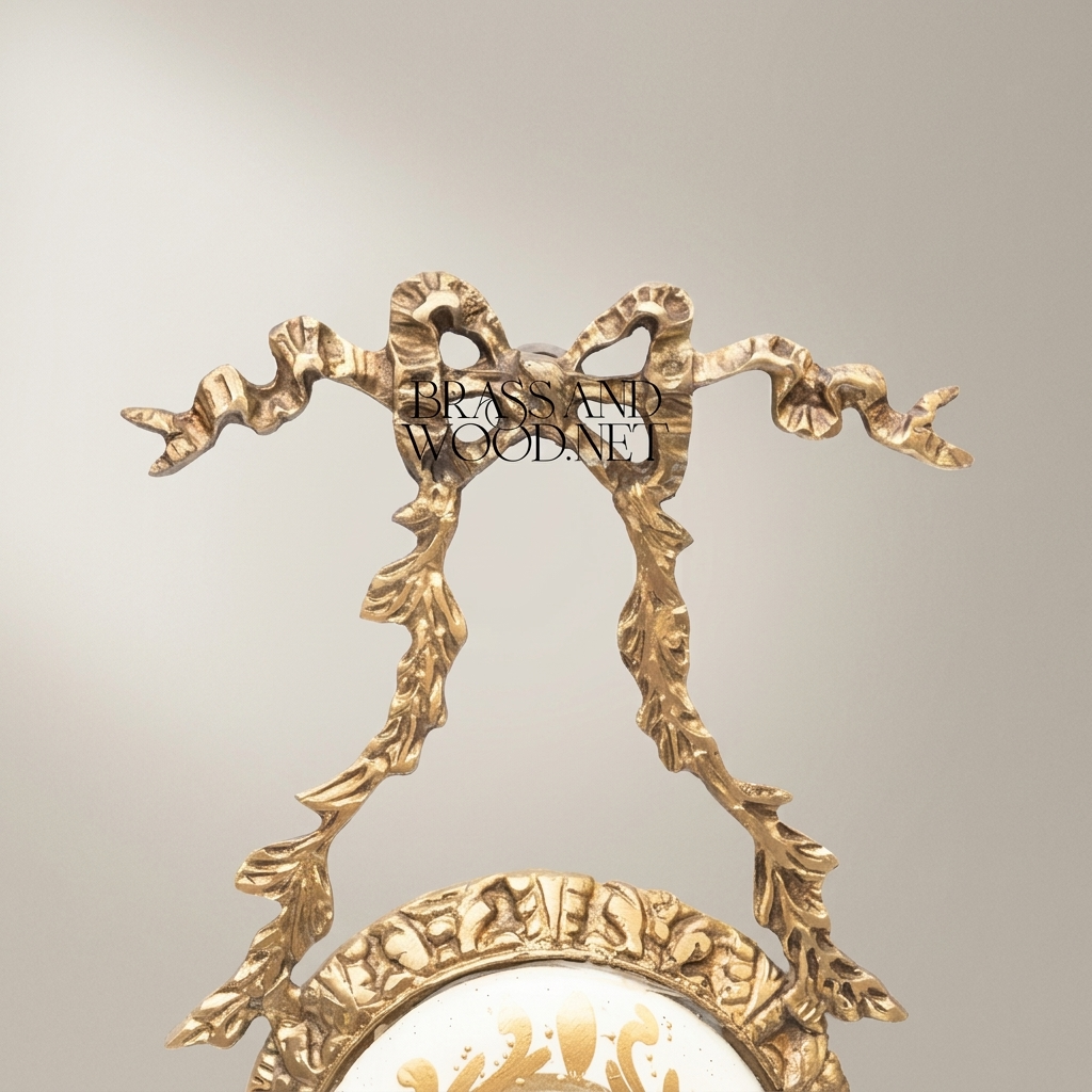 Louis XVI Brass Wall Medallion Frame with Hand-Painted Porcelain Insert and Ribbon Bow Cresting — Antique Gold